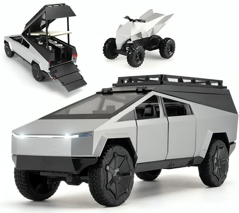 Big Size Tesla Cyber Truck Camping Pickup RV with Motorcycle 1:32 Model Car Alloy Metal Pull Back Die-cast Car Metal Toy car with Openable Doors & Light Music Toys Kids