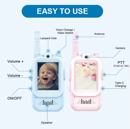 Video Walkie Talkies for Kids, Handheld 2 Pack Rechargeable Video Intercom Kids Walkies Talkies, Indoor Outdoor Toys for Family Games, Outside, Camping, Hiking for Boys Girls Ages 3-12 (Blue/Pink)