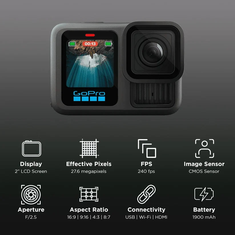 GoPro Hero13 5.3K and 27MP 240 FPS Waterproof Action Camera with Voice Control (Black)