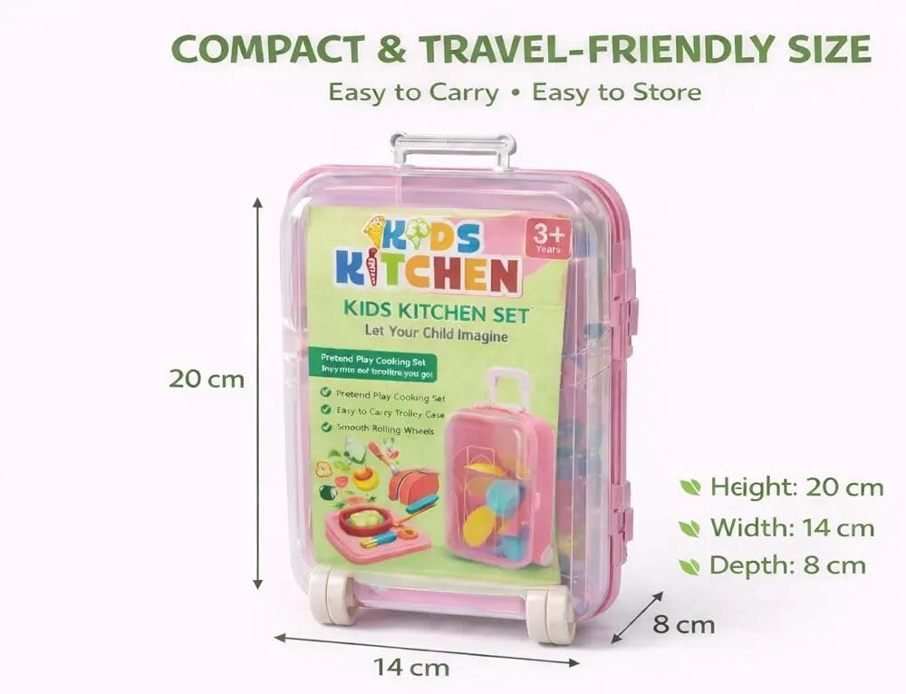 Kitchen Play Set for Kids with Trolley, 18-Piece Pretend Cooking Toy Set, Role Play Educational Kitchen Toys for Children, Portable Storage Box with Wheels for 3+ Years