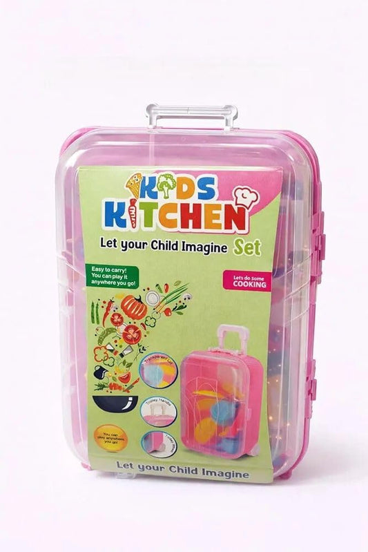 Kitchen Play Set for Kids with Trolley, 18-Piece Pretend Cooking Toy Set, Role Play Educational Kitchen Toys for Children, Portable Storage Box with Wheels for 3+ Years