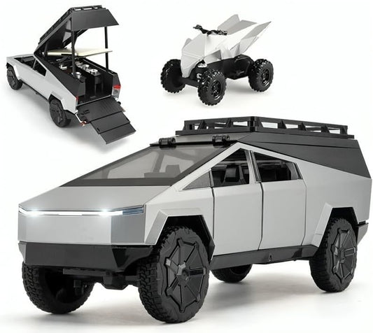 Big Size Tesla Cyber Truck Camping Pickup RV with Motorcycle 1:32 Model Car Alloy Metal Pull Back Die-cast Car Metal Toy car with Openable Doors & Light Music Toys Kids