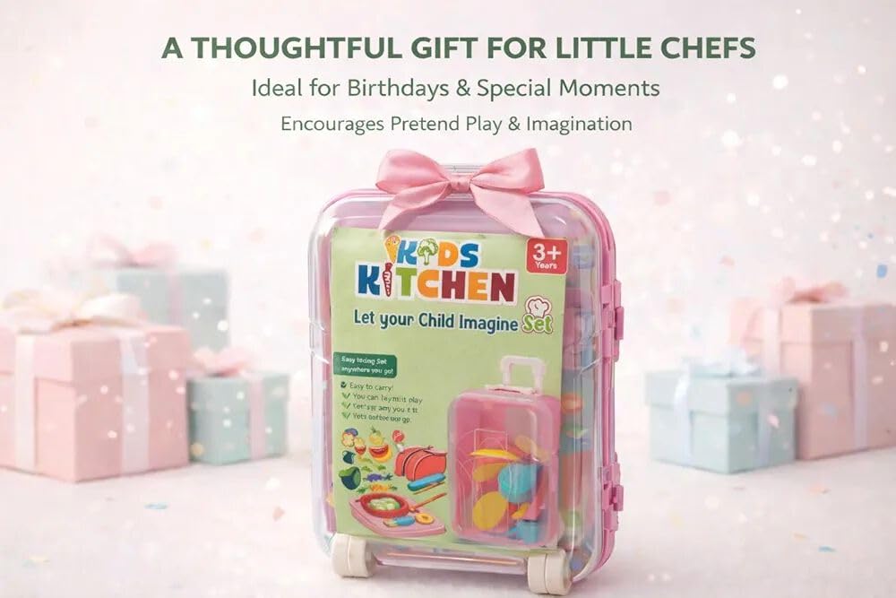 Kitchen Play Set for Kids with Trolley, 18-Piece Pretend Cooking Toy Set, Role Play Educational Kitchen Toys for Children, Portable Storage Box with Wheels for 3+ Years