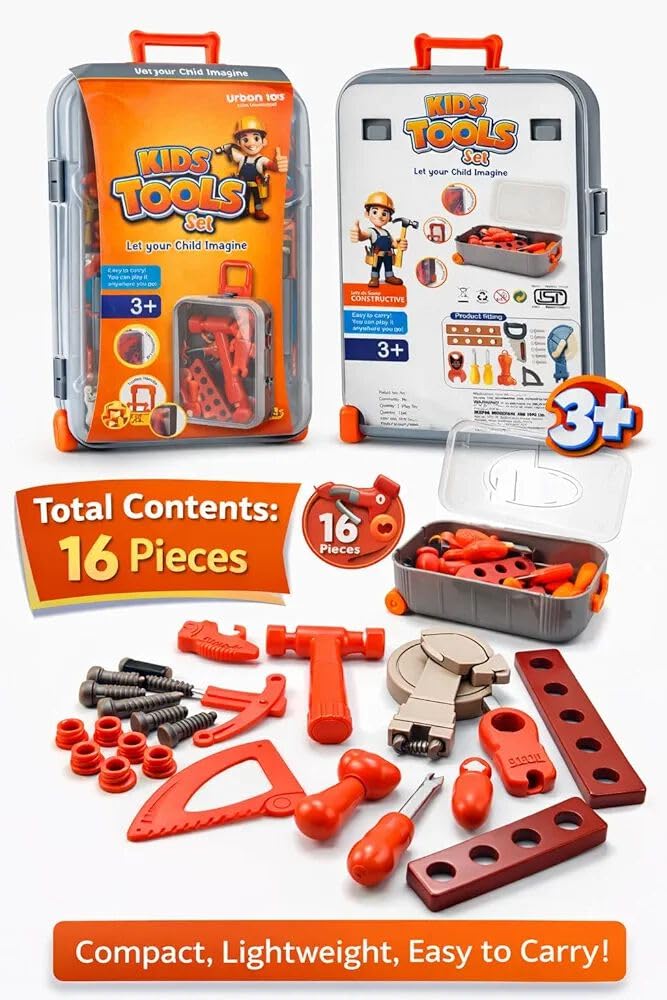 Kids Tools Set Toy with Trolley Case, Pretend Play Construction Tool Kit for Kids, Portable Rolling Tool Box with 16 Accessories, Educational & Imaginative Play Toy for Boys & Girls