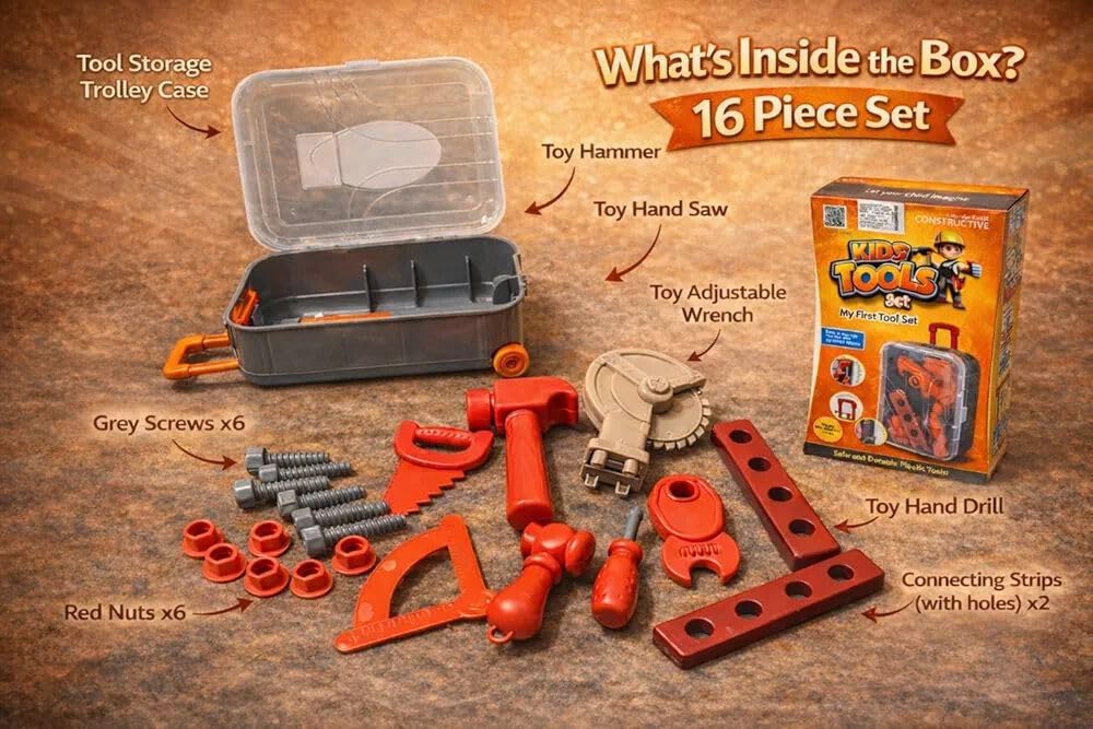 Kids Tools Set Toy with Trolley Case, Pretend Play Construction Tool Kit for Kids, Portable Rolling Tool Box with 16 Accessories, Educational & Imaginative Play Toy for Boys & Girls
