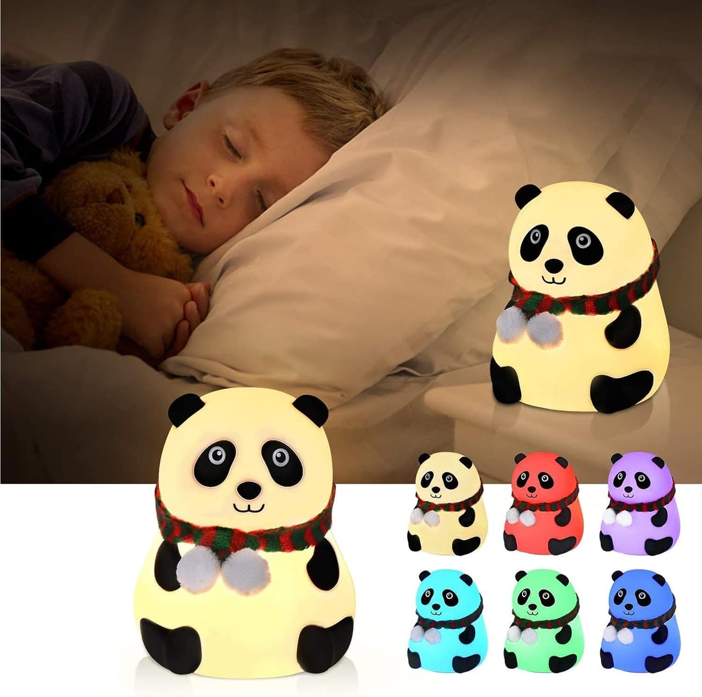 Rechargeable Silicone Panda Night Light for Kids | 7-Color LED Changing Lamp |Adorable Room Decor & Gift for Toddlers, Teens, & Valentine's Day Present|Soft BPA-Free Nightlight| Multicolour