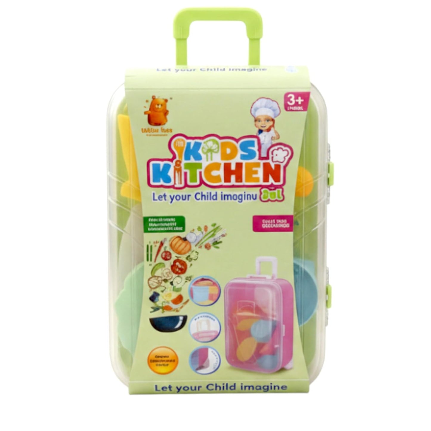 Kitchen Play Set for Kids with Trolley, 18-Piece Pretend Cooking Toy Set, Role Play Educational Kitchen Toys for Children, Portable Storage Box with Wheels for 3+ Years