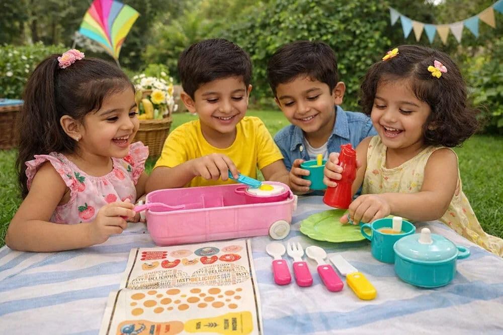 Kitchen Play Set for Kids with Trolley, 18-Piece Pretend Cooking Toy Set, Role Play Educational Kitchen Toys for Children, Portable Storage Box with Wheels for 3+ Years