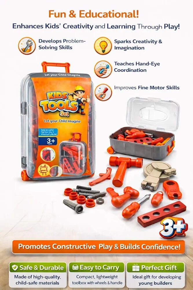 Kids Tools Set Toy with Trolley Case, Pretend Play Construction Tool Kit for Kids, Portable Rolling Tool Box with 16 Accessories, Educational & Imaginative Play Toy for Boys & Girls