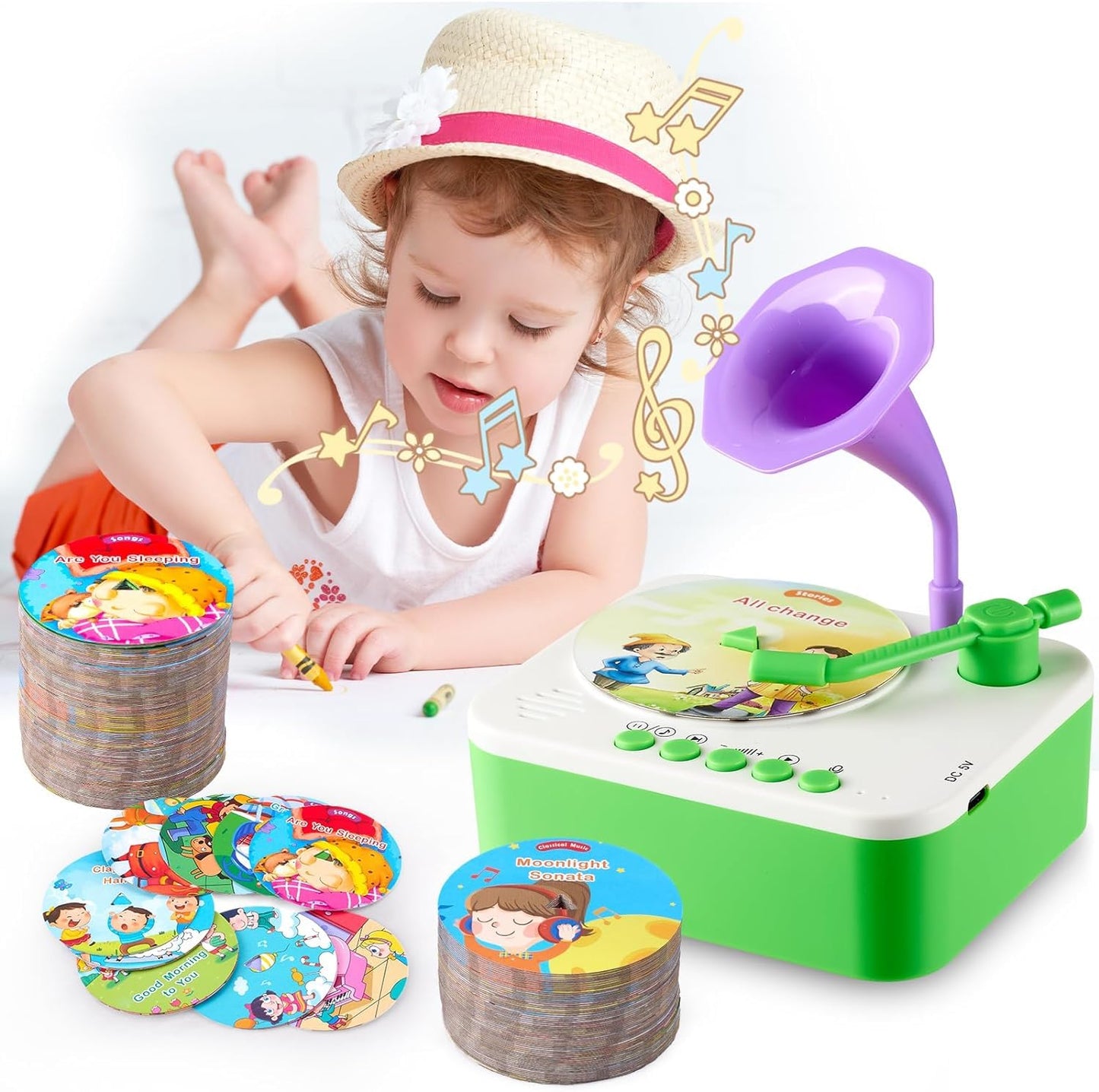 Kids Gramophone with 95 Cards, Children's Phonograph Story Music Player Gift Boys Girls,Toddler Toys Early Childhood Educational Toy Gift Birthday 3-6 Years Old - Multicolor