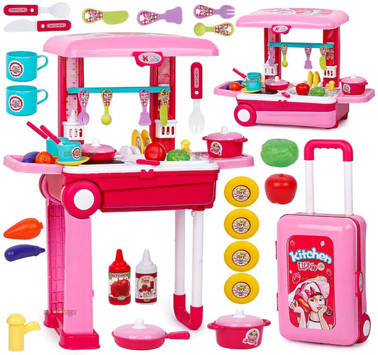 Acrylonitrile Butadiene Styrene Kitchen Set for Kids Girls Big Cooking Set Light and Sound Portable Trolley Pretend Play Toys Battery Operated