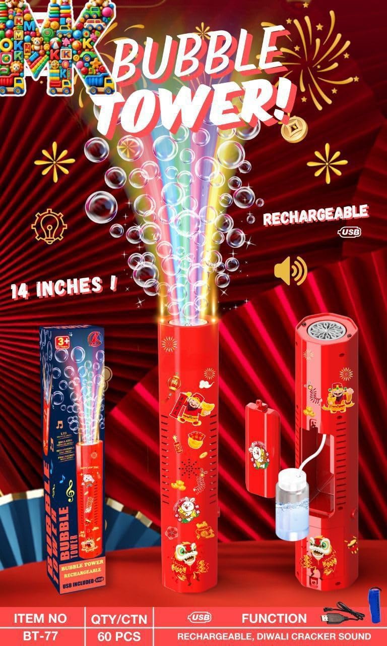 Automatic LED Bubble Machine for Kids with Bubble Liquid Refills, Rechargeable Bubble Blower Toy with Lights & Music,Party, Birthday & Outdoor Fun (Includes 1 Bubble Solution Bottles)